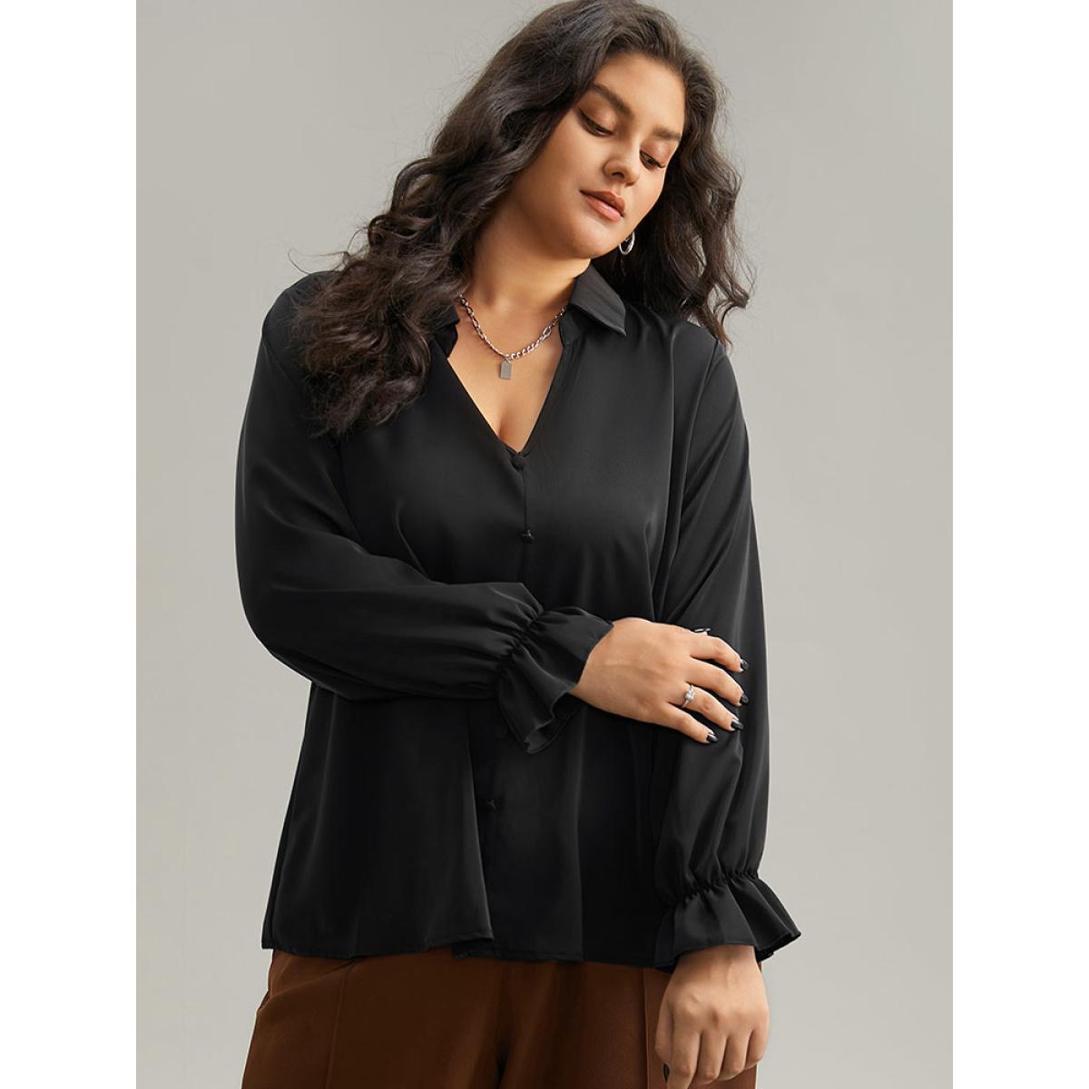 Plus Size Black Static-Free Solid Button Detail Frill Trim Blouse Women Office Long Sleeve Shirt collar Work Blouses BloomChic 22-24/3X Product Image