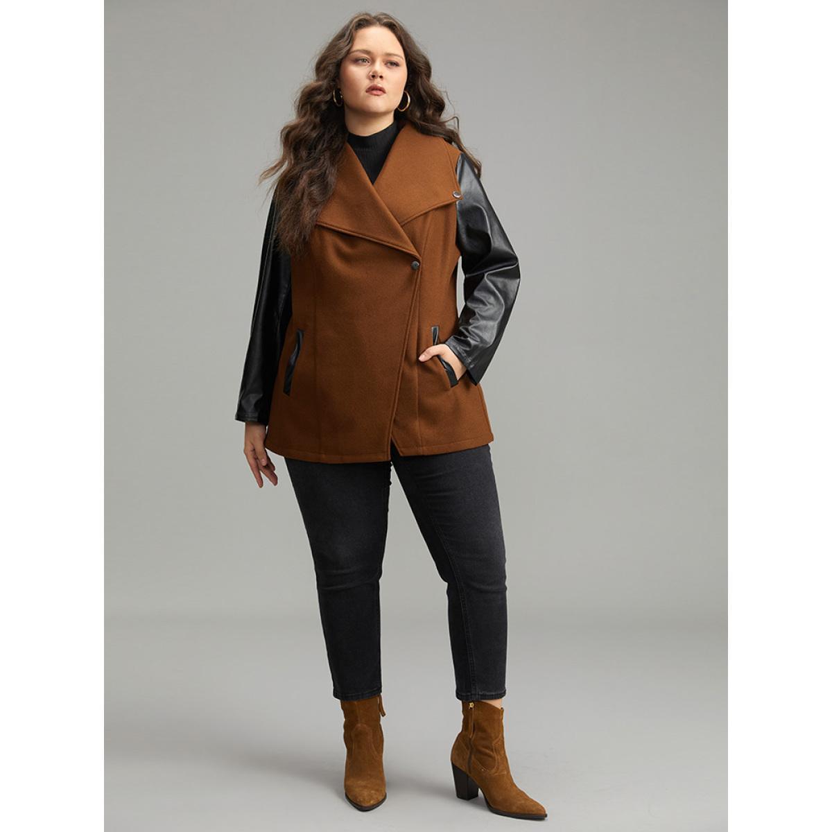 Plus Size Contrast PU Leather Lapel Collar Pocket Button Up Coat Women Tan Casual Contrast Ladies Dailywear Winter Coats BloomChic 30/6X Product Image