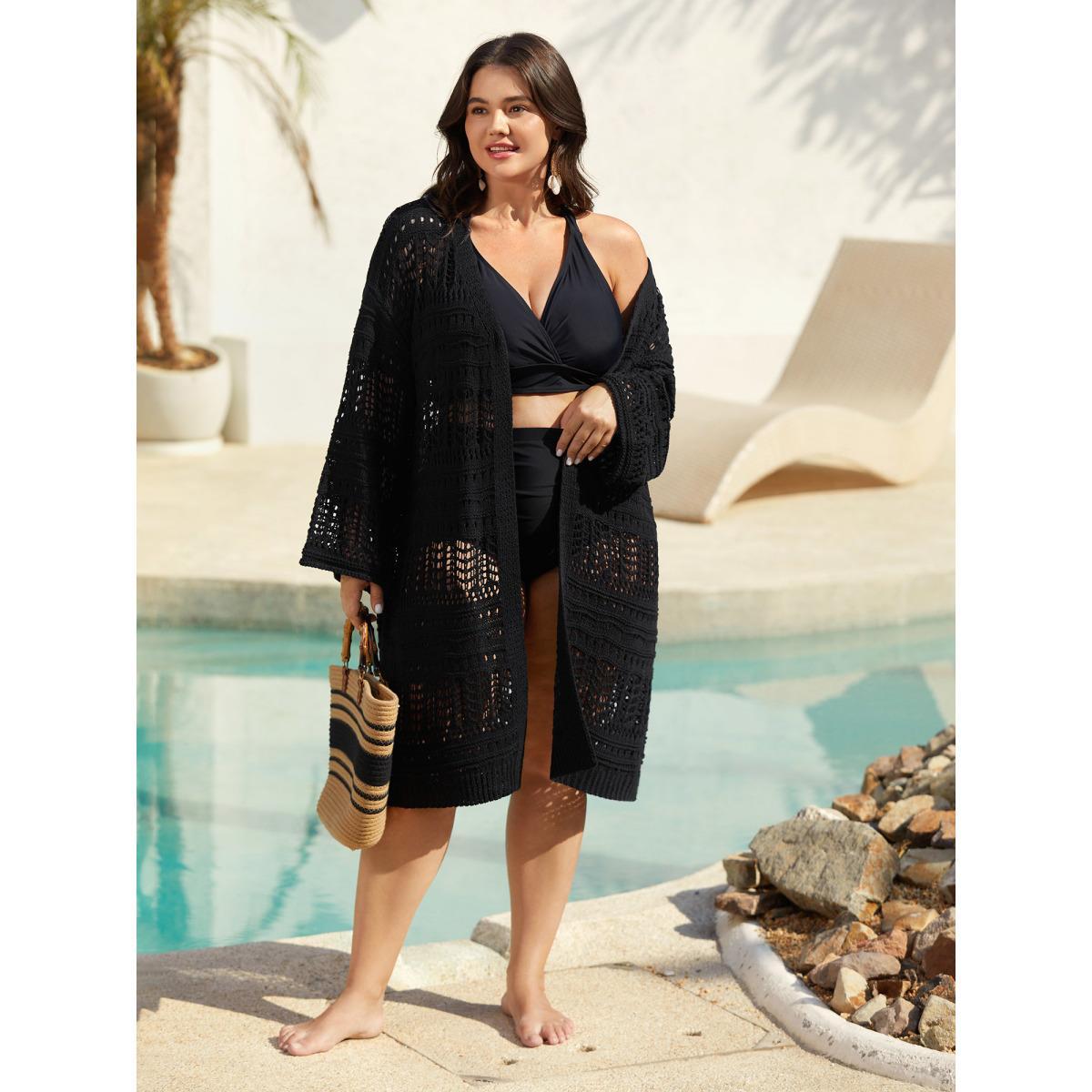 Plus Size Cut-Out Open Front Swim Cover-Up Women's Swimwear Black Beach Loose Cut-Out Curve Swim Cover Ups BloomChic 14-16/1X Product Image