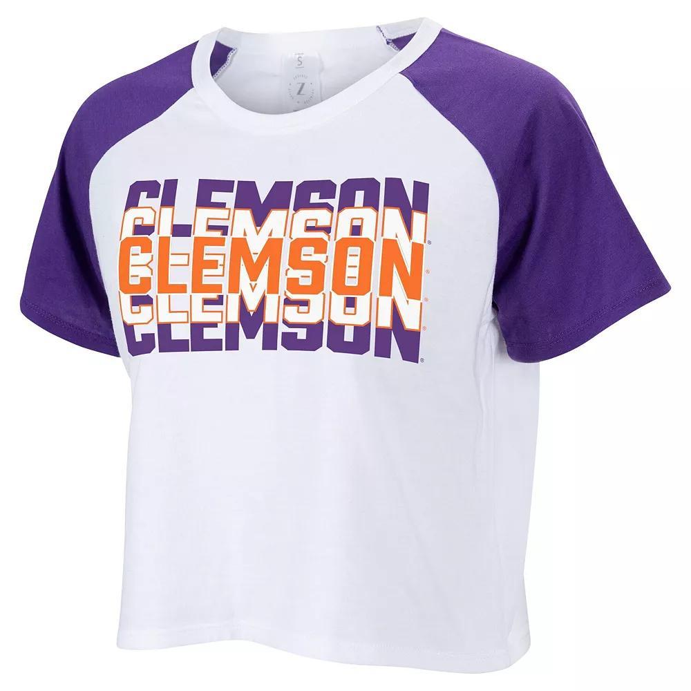 Women's ZooZatz White Clemson Tigers Colorblock Repeat Raglan Cropped T-Shirt, Size: Small Product Image