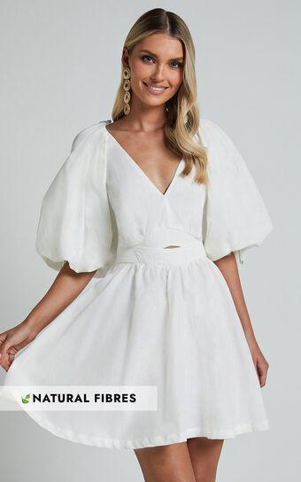 Amalie The Label - Movida Linen Blend Balloon Sleeve Crossover Band Mini Dress in White Product Image