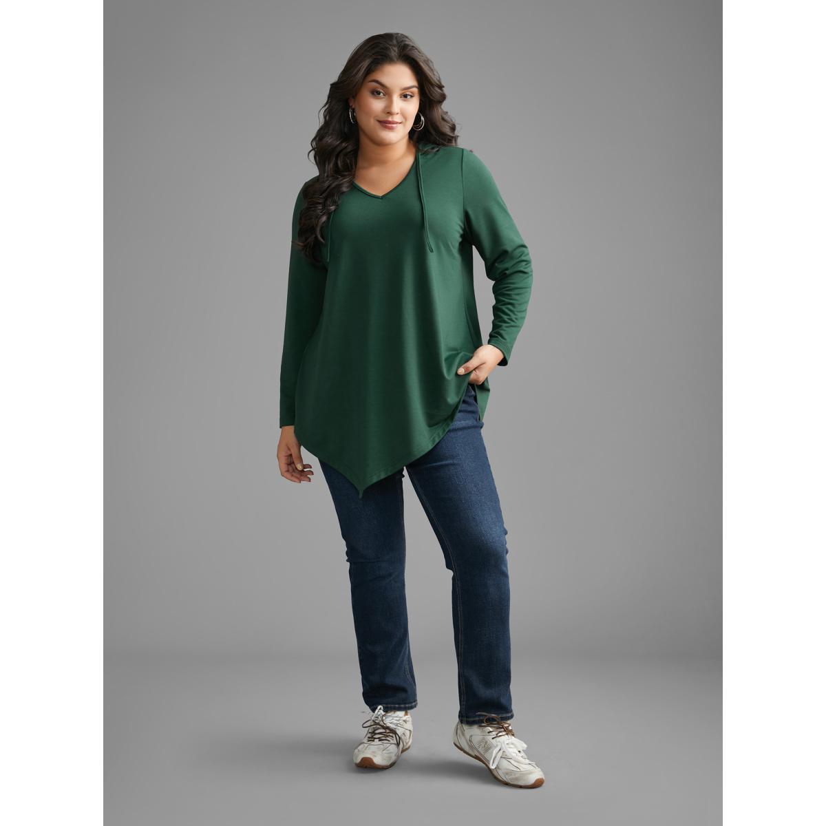 Plus Size Hooded Drawstring Asymmetrical Hem Sweatshirt Women DarkGreen Casual Drawstring Loose Hooded Everyday Sweatshirts BloomChic 28/5X Product Image
