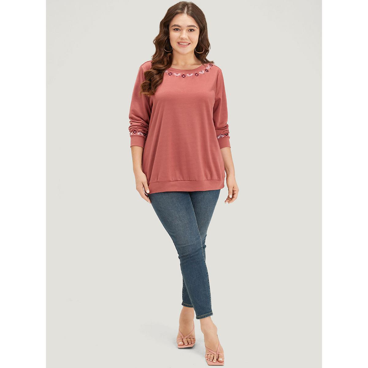 Plus Size Floral Embroidered Long Sleeve Crew Neck Sweatshirt Women DustyPink Elegant Elastic cuffs Round Neck Dailywear Sweatshirts BloomChic 14-16/1X Product Image