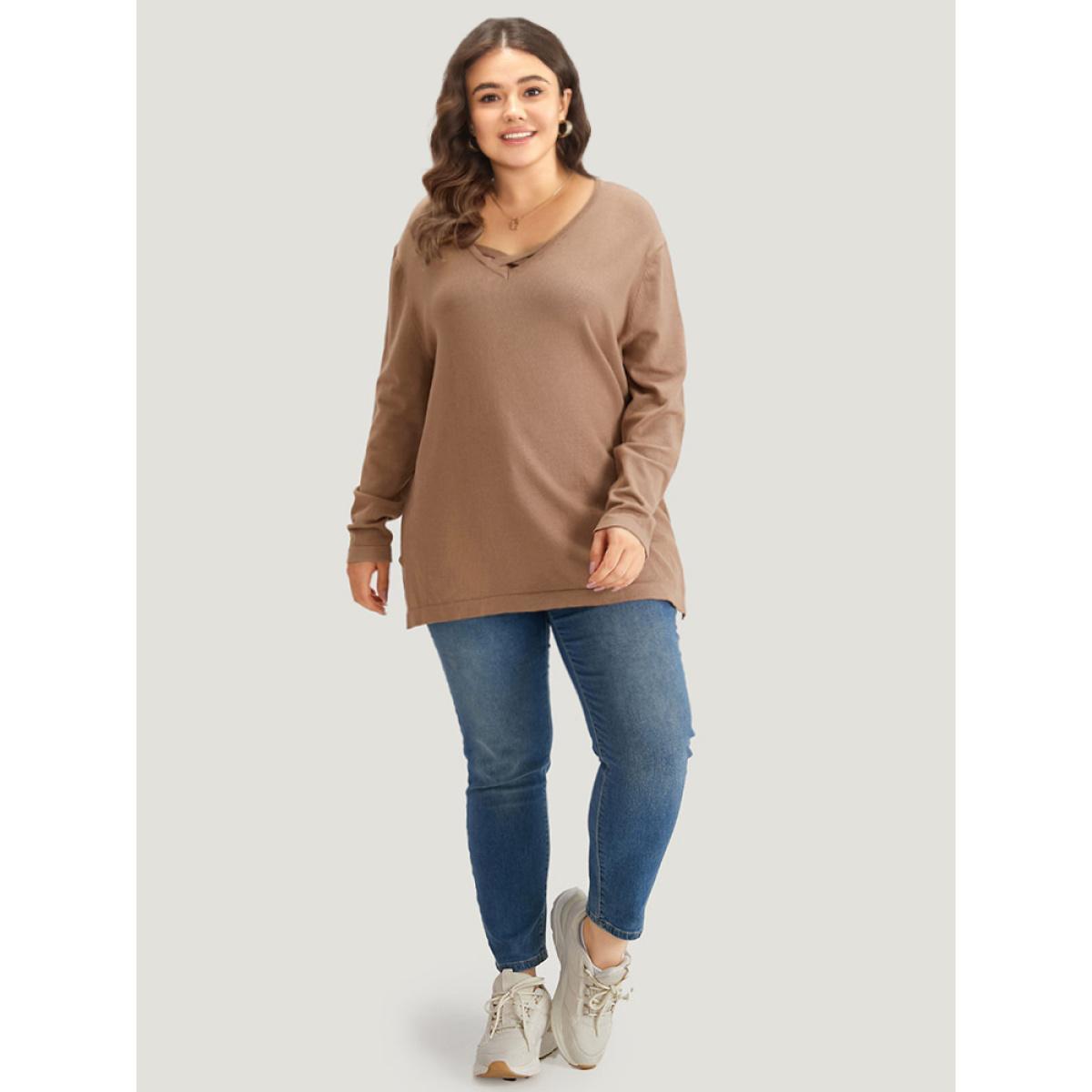 Plus Size Supersoft Essentials Crisscross Neck Split Side Pullover Tan Women Casual Loose Long Sleeve V-neck Dailywear Pullovers BloomChic 12/L Product Image