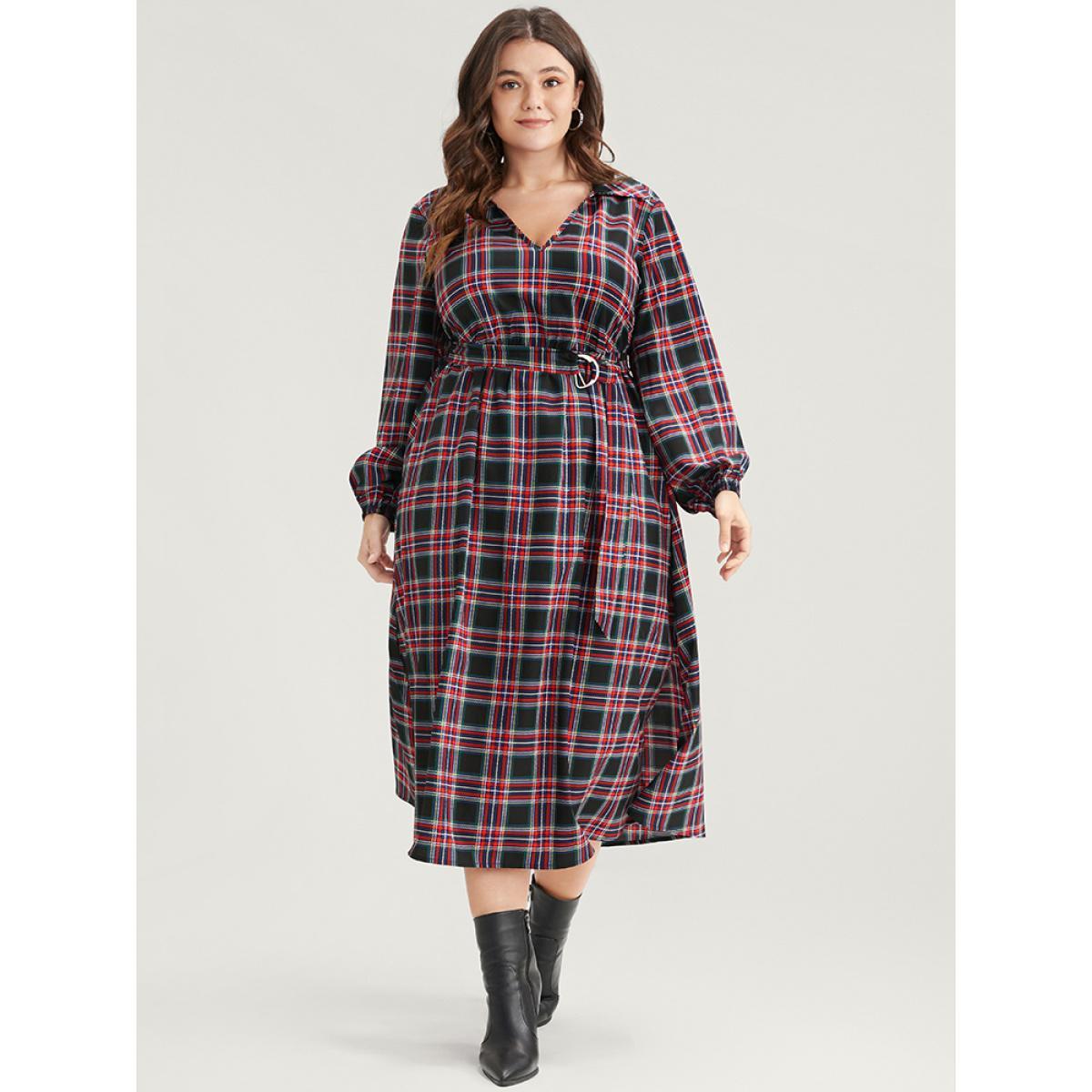 Plus Size Tartan Lantern Sleeve Pocket Belted Midi Dress Russet Women Elegant Elastic Waist Lapel Collar Long Sleeve Curvy Midi Dress BloomChic 10/M Product Image