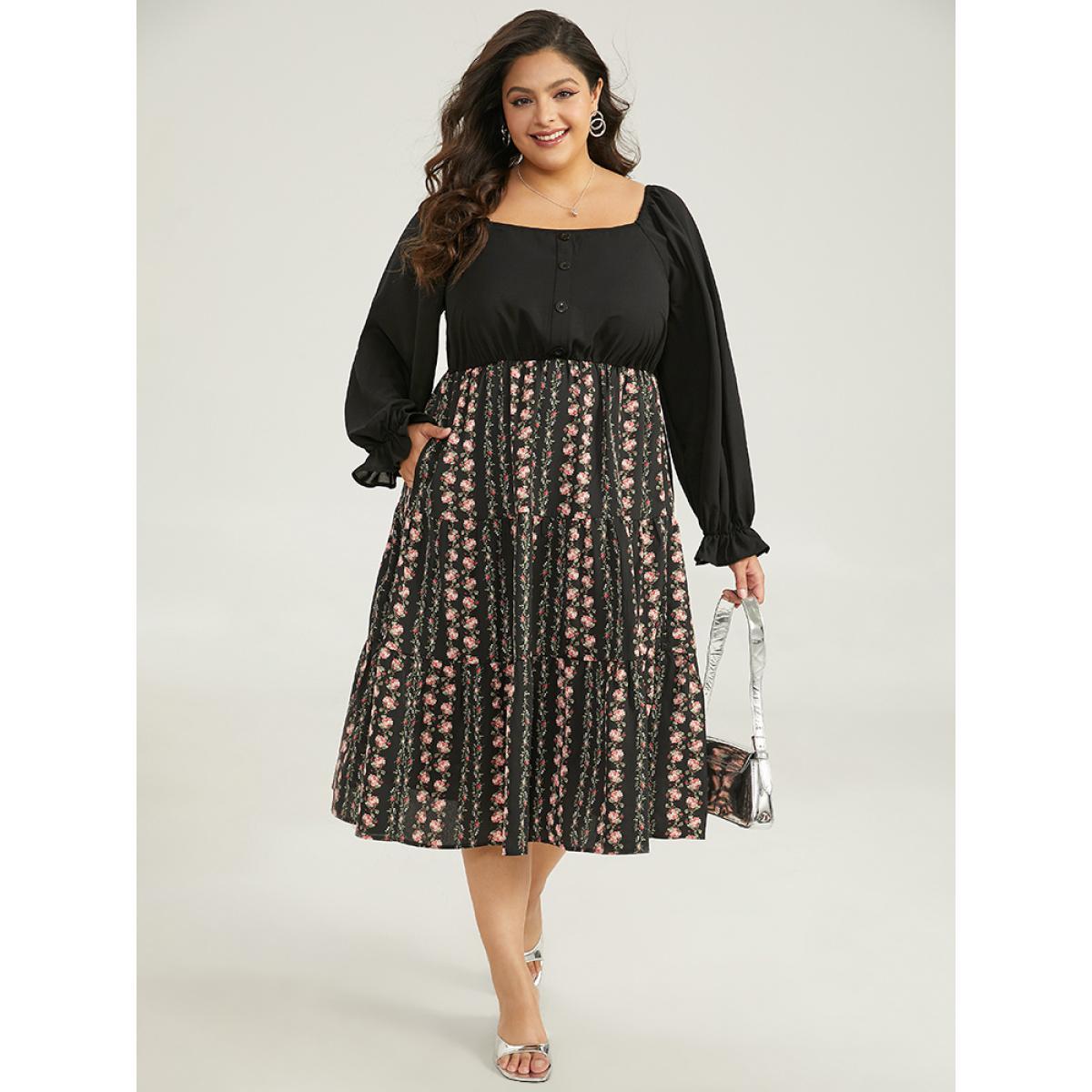 Plus Size Floral Ruffle Layered Hem Square Neck Dress Black Women Office Elastic cuffs Square Neck Long Sleeve Curvy Midi Dress BloomChic 22-24/3X Product Image
