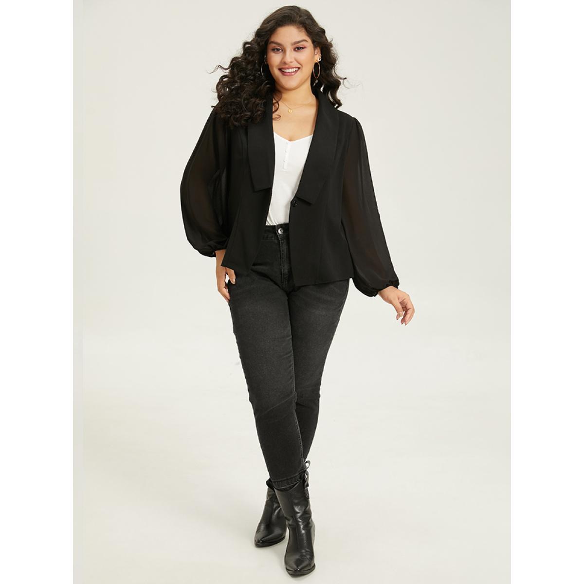 Plus Size Solid Suit Collar Gathered Blazer Black Women Dailywear Plain Elastic cuffs Sleeve Long Sleeve Suit Collar 26/4X Casual Blazers BloomChic Product Image