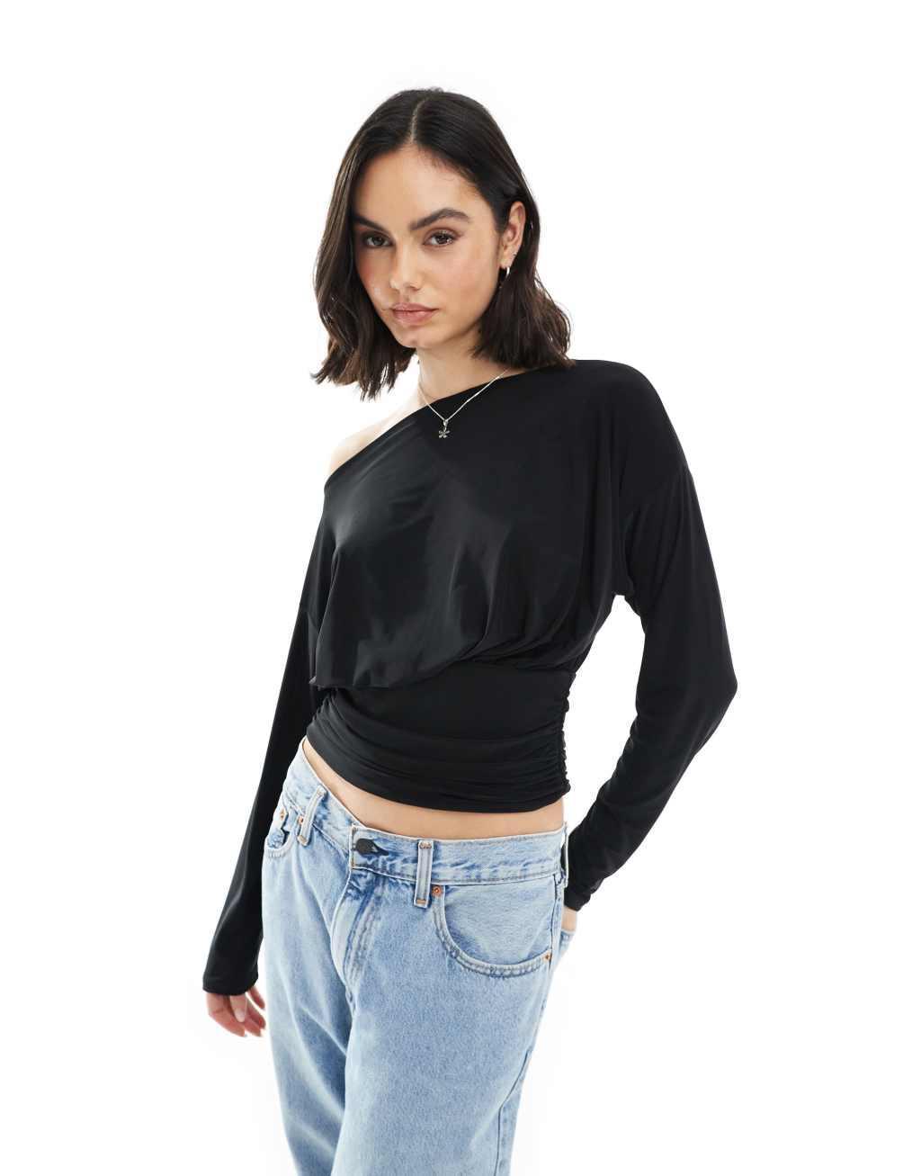 ASOS DESIGN asymmetric one shoulder long sleeve top with cinch waist detail in black Product Image