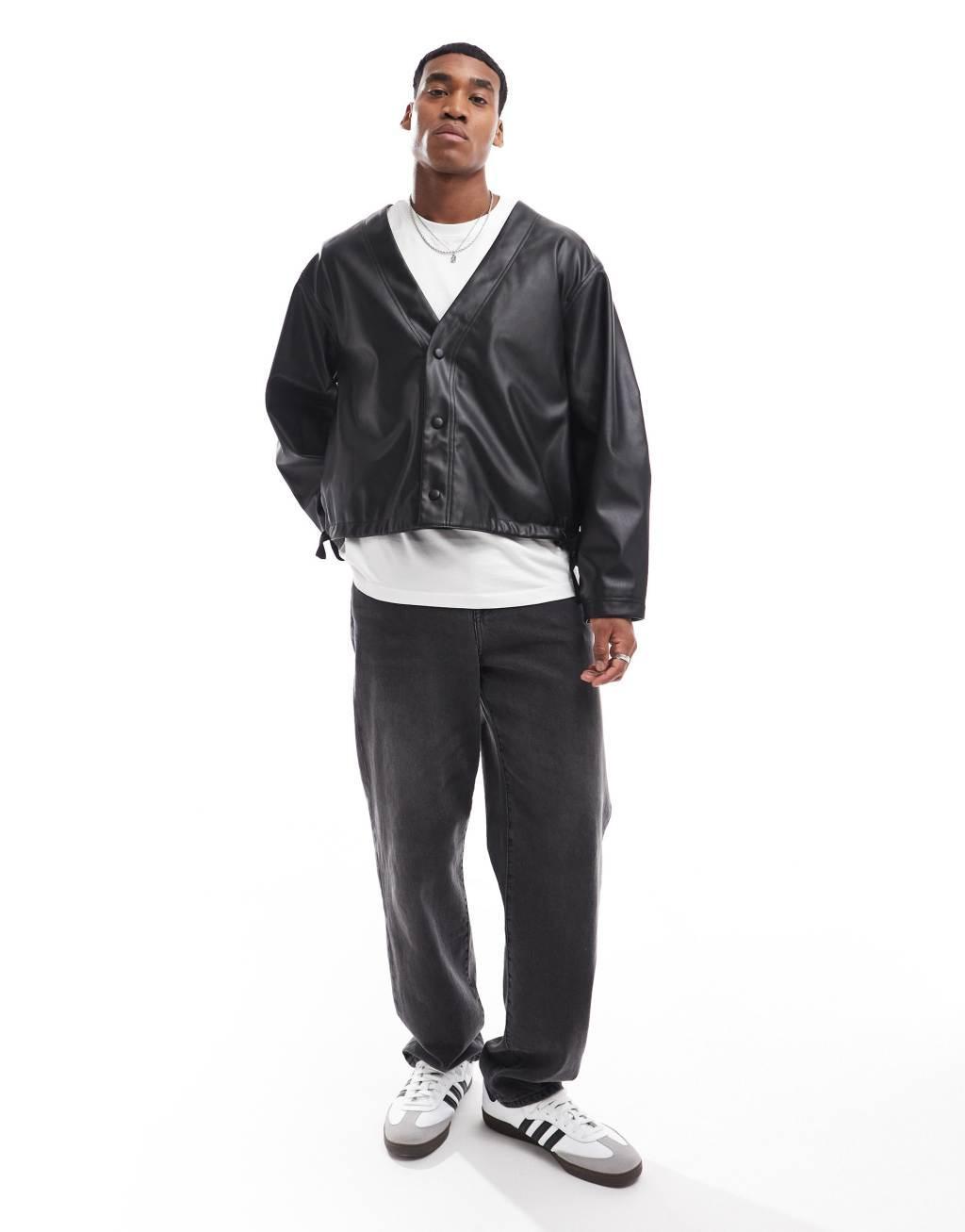 ASOS DESIGN faux leather boxy oversized jacket in black Product Image