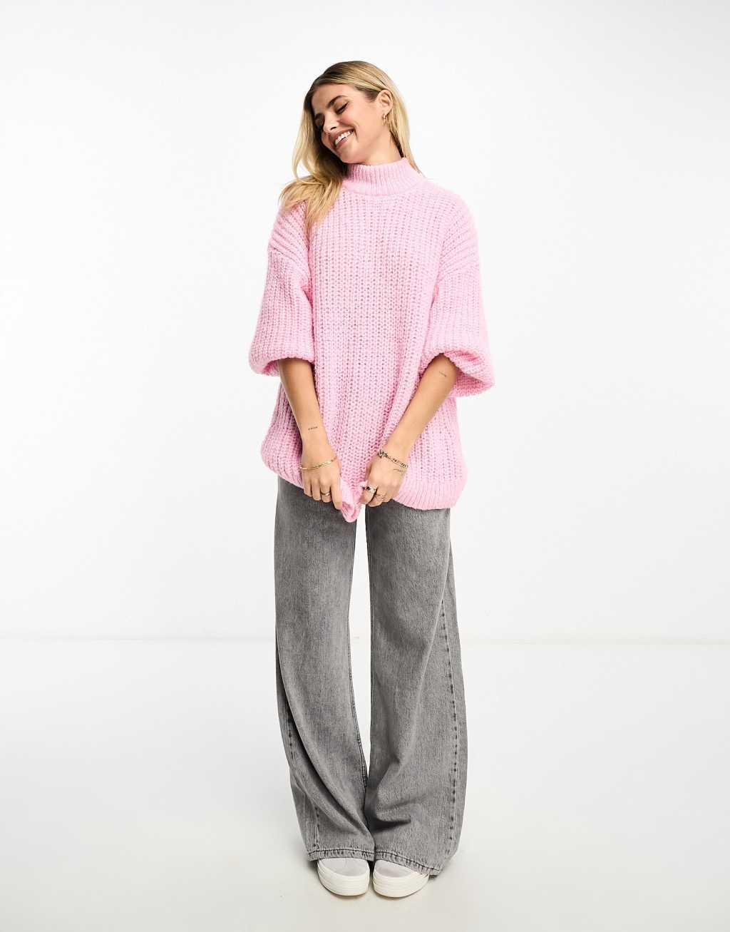 Monki high neck chunky rib knit sweater with volume sleeve in pink Product Image