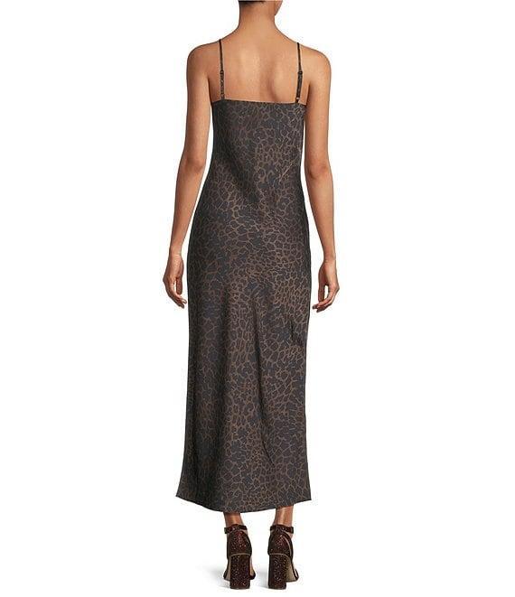 Gianni Bini Haven Satin Leopard Print V-Neck Sleeveless Full Length Slip Dress Product Image