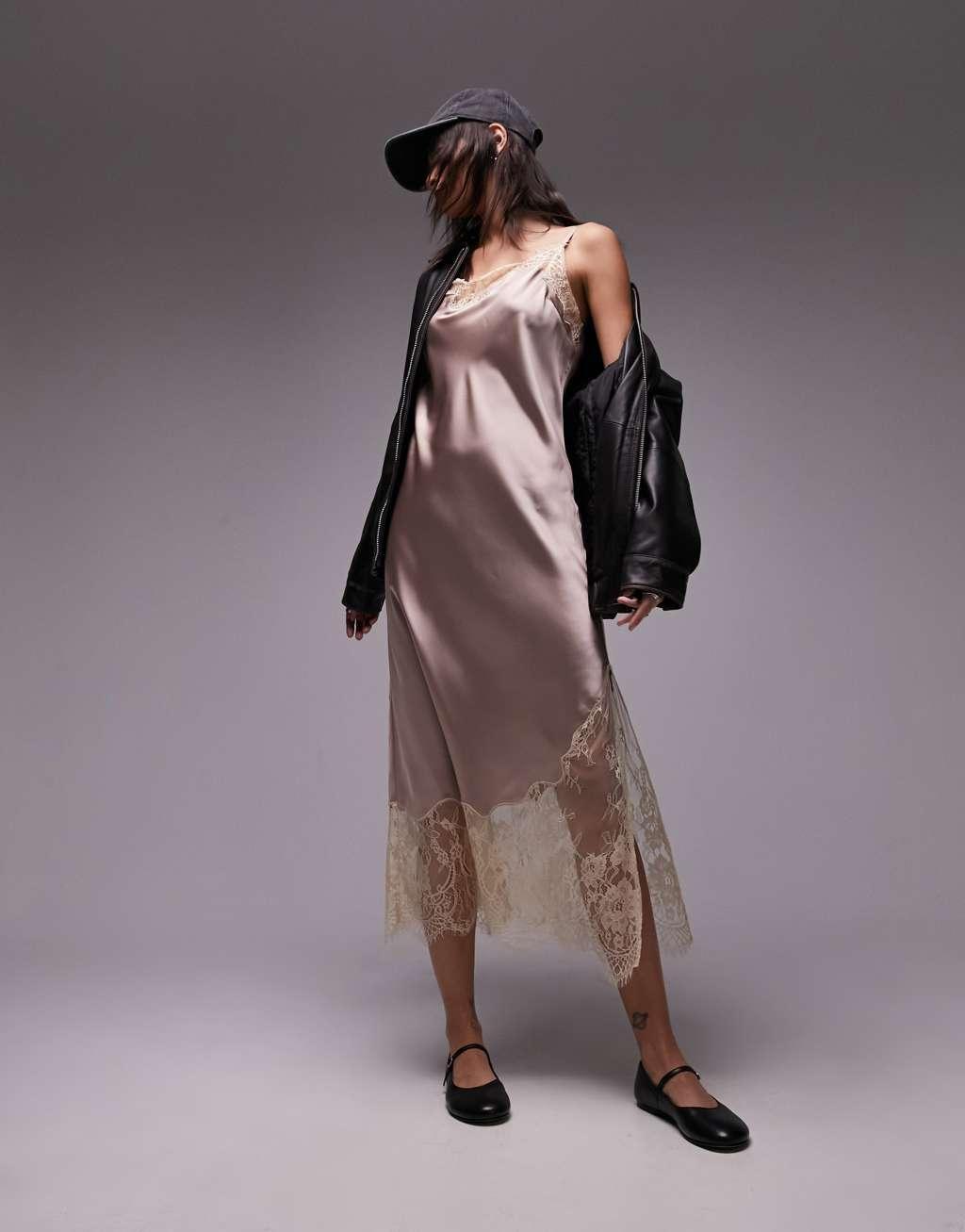 Topshop contrast lace midi slip dress Product Image