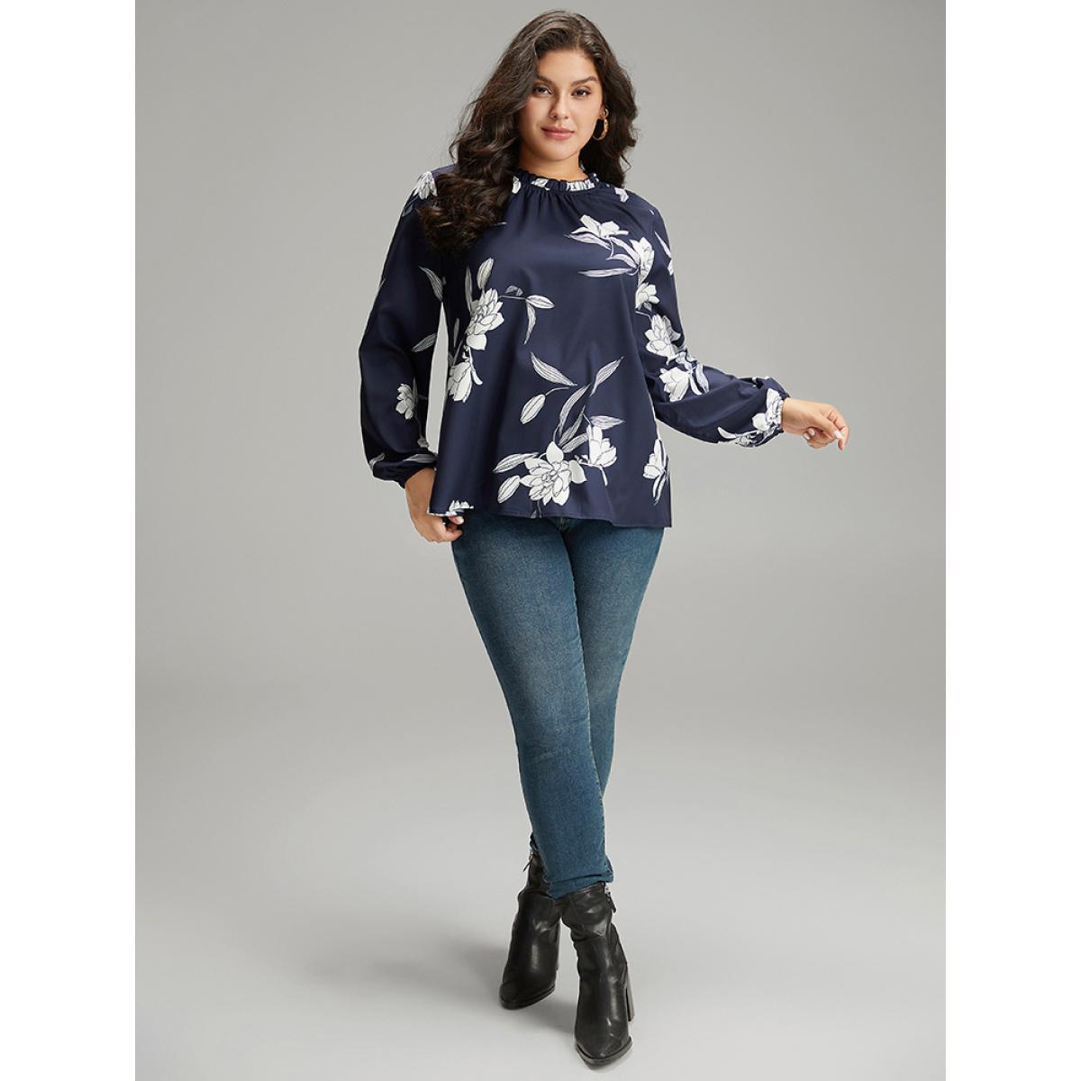 Plus Size Indigo Silhouette Floral Print Frill Trim Pleated Blouse Women Elegant Long Sleeve Round Neck Dailywear Blouses BloomChic 26/4X Product Image