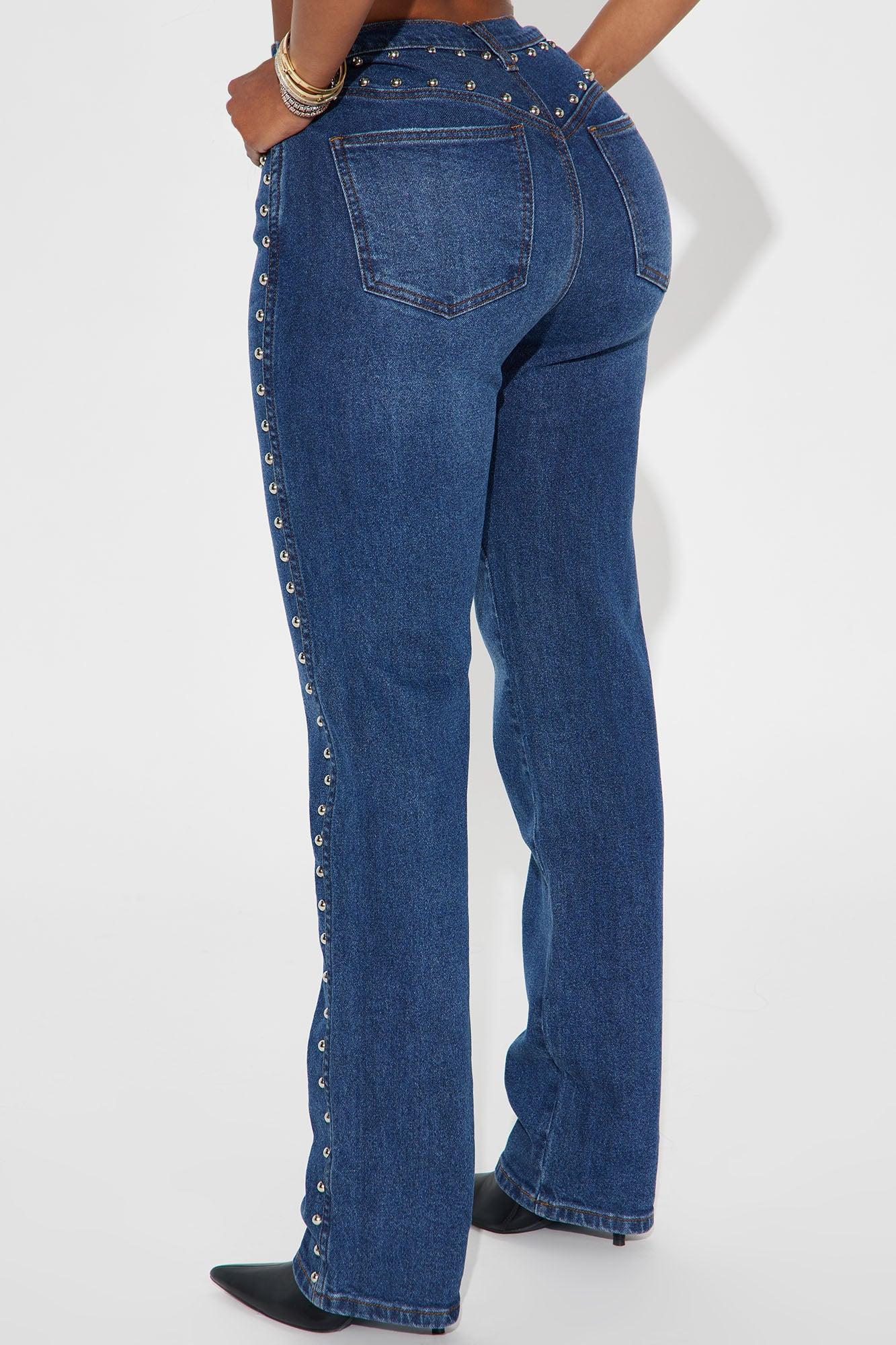 For Keeps Studded Straight Leg Jeans - Medium Wash Product Image
