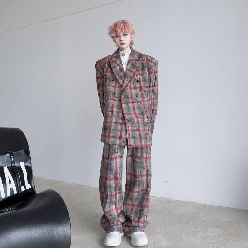 Set: Lapel Collar Plaid Double Breasted Blazer + Mid Rise Wide Leg Pants Product Image