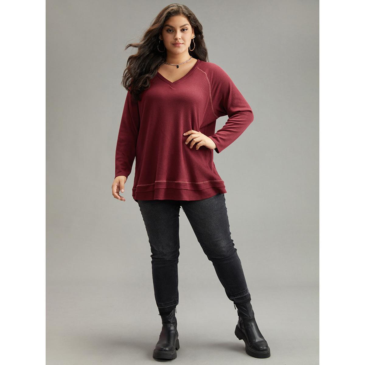 Plus Size Plain Textured Stitch Raglan Sleeve Sweatshirt Women Burgundy Casual Plain V-neck Everyday Sweatshirts BloomChic 14-16/1X Product Image