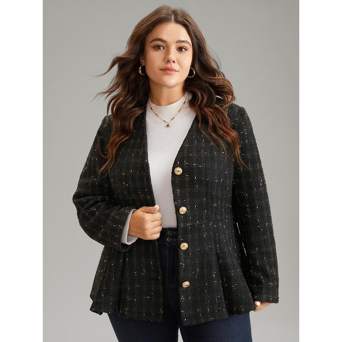 Plus Size Tweed Metal Detail Belted V Neck Blazer Black Women Dailywear Plain Sleeve Long Sleeve V-neck 14-16/1X Pocket Belt Elegant Blazers BloomChic Product Image