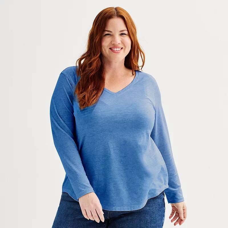 Plus Size Sonoma Goods For Life Everyday Long Sleeve V-Neck Tee, Womens Grey Product Image