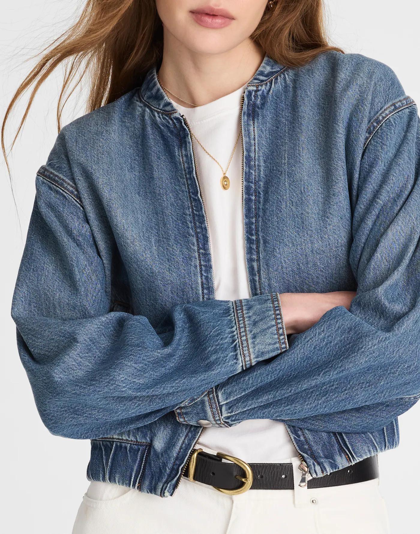 Denim Zip-Up Bomber Jacket Product Image