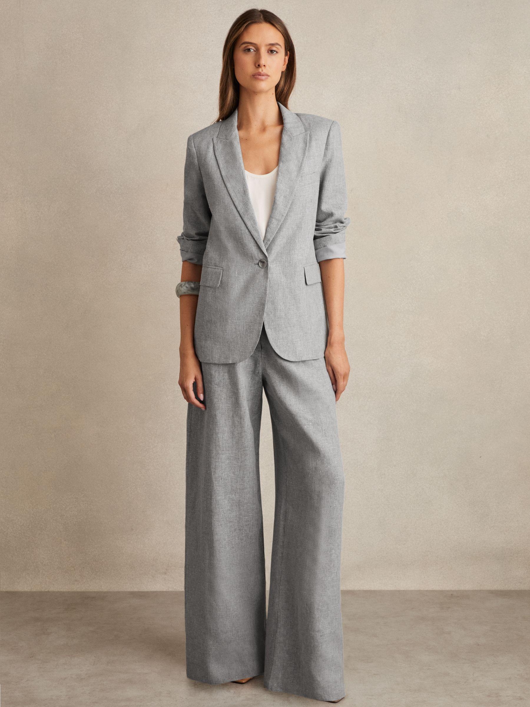 Linen-Blend Single-Breasted Blazer in Blue Product Image