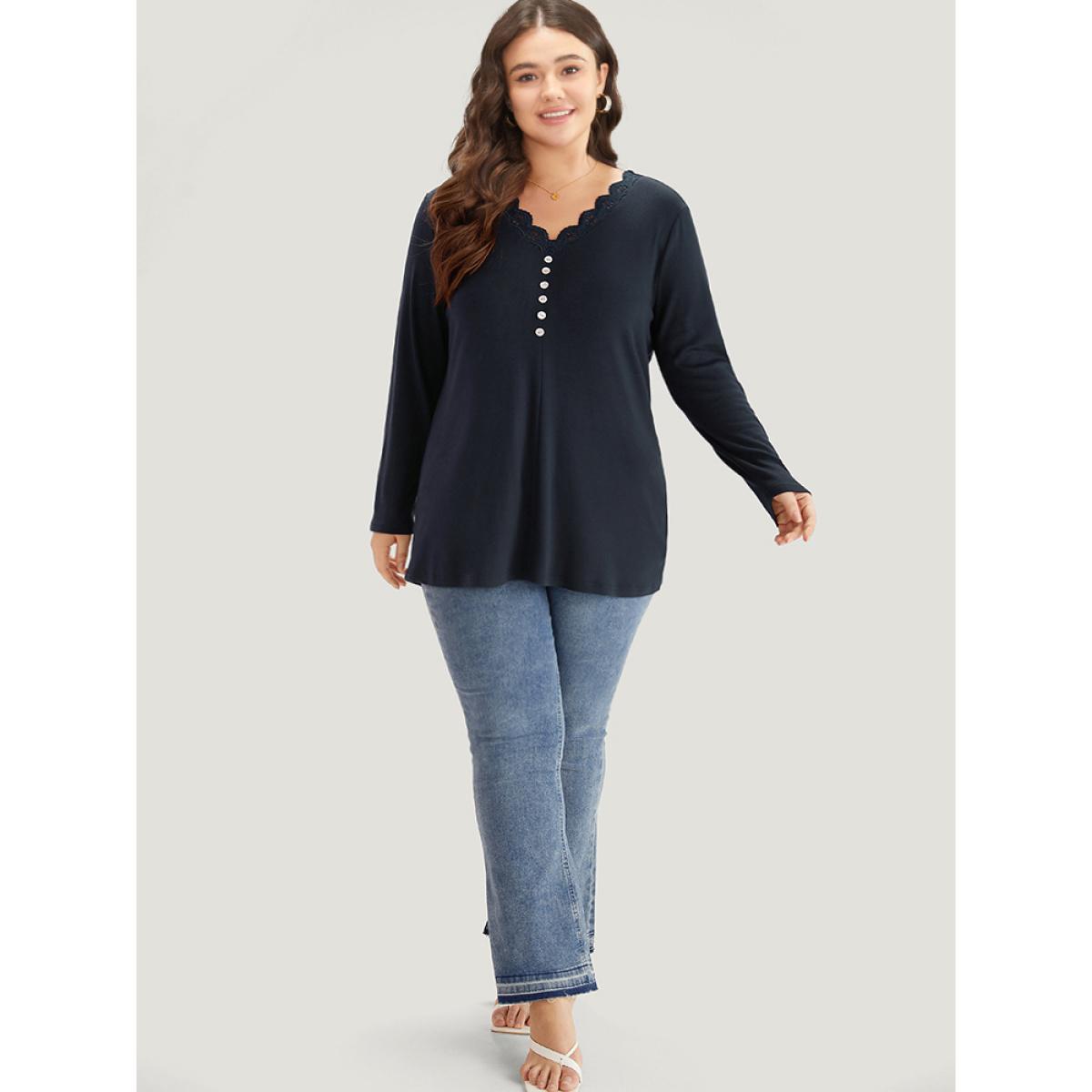 Plus Size Guipure Lace Patchwork V Neck Button Detail T-shirt Indigo Women Elegant Printed Plain V-neck Dailywear T-shirts BloomChic 12/L Product Image