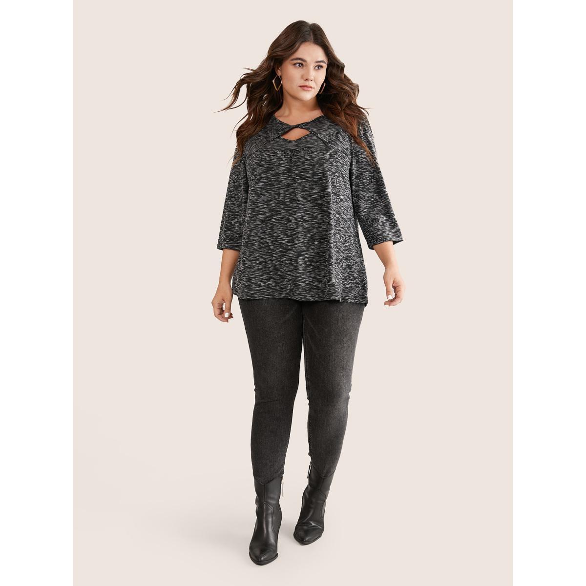 Plus Size Heather Keyhole Twist Front T-shirt Black Women Casual Heather Plain Keyhole Cut-Out Dailywear T-shirts BloomChic 14-16/1X Product Image