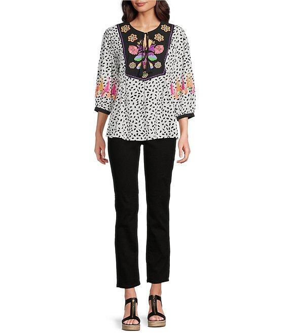 Calessa Embroidered Floral Round Split Neck 3/4 Sleeve Tassel Tie Tunic Product Image