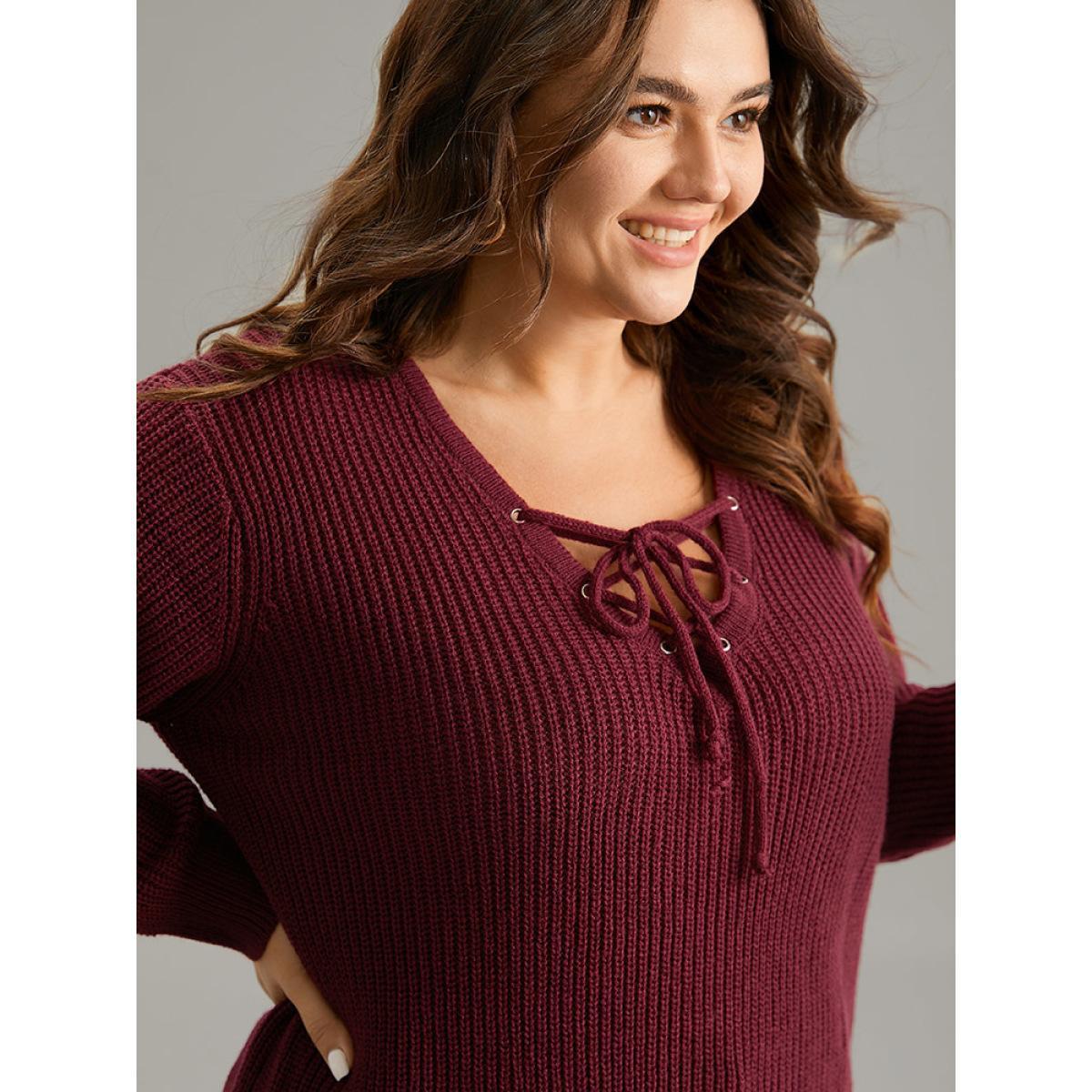 Plus Size High Low Hem Lace Up Split Side Pullover Scarlet Women Casual Loose Long Sleeve V-neck Dailywear Pullovers BloomChic 12/L Product Image