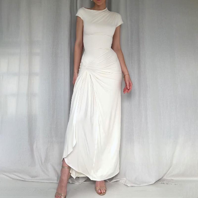 Short-Sleeve Asymmetrical Neck Plain Ruched Side-Slit Maxi Sheath Dress Product Image