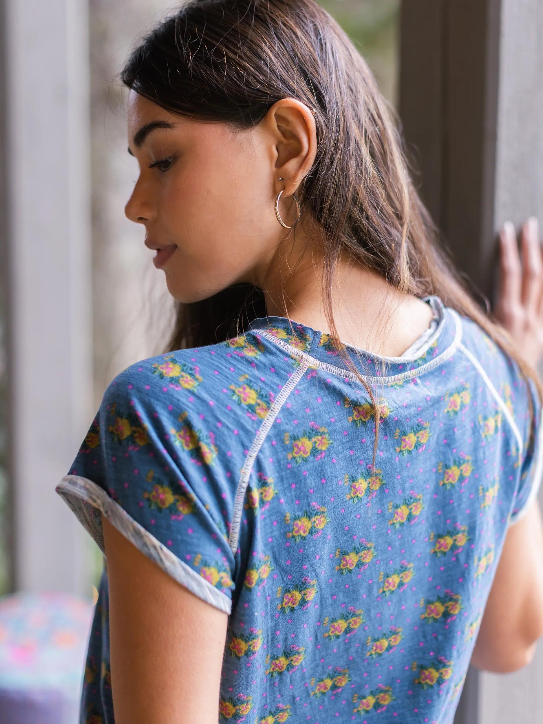 Lily Cotton Short Sleeve Tee Shirt - Blue Polka Dot Floral Product Image