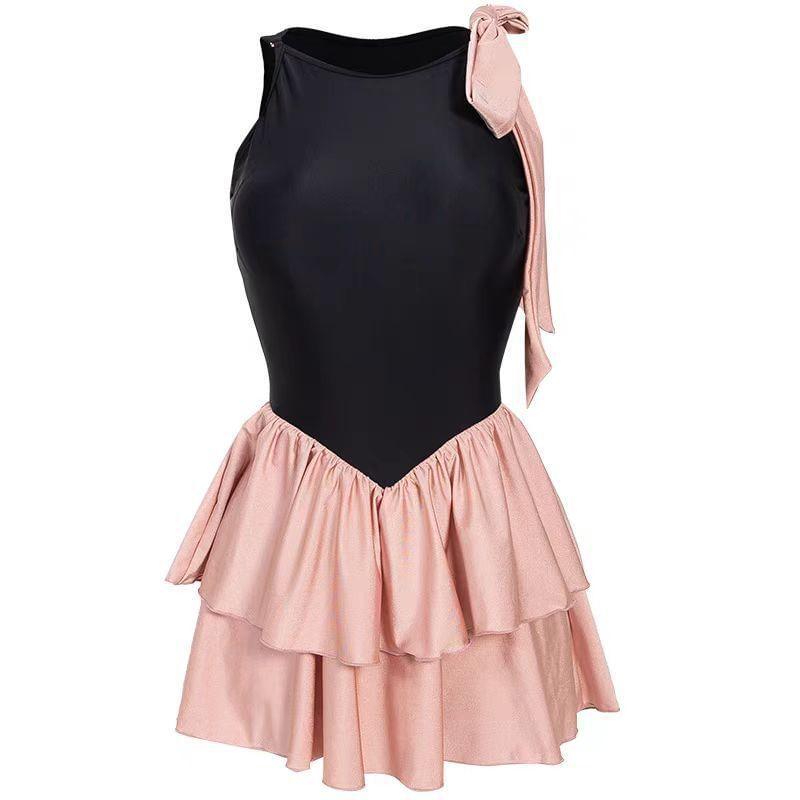 Sleeveless Two Tone Bow Swim Dress Product Image