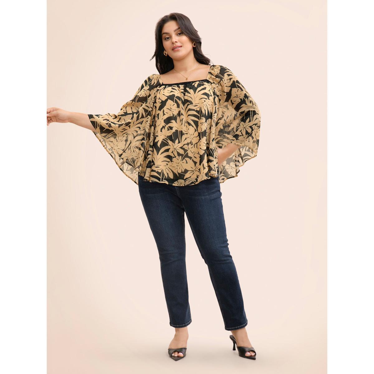 Plus Size Black Silhouette Floral Print Batwing Sleeve Contrast Webbing Blouse Women Elegant Elbow-length sleeve Square Neck Everyday Blouses BloomChic 26/4X Product Image