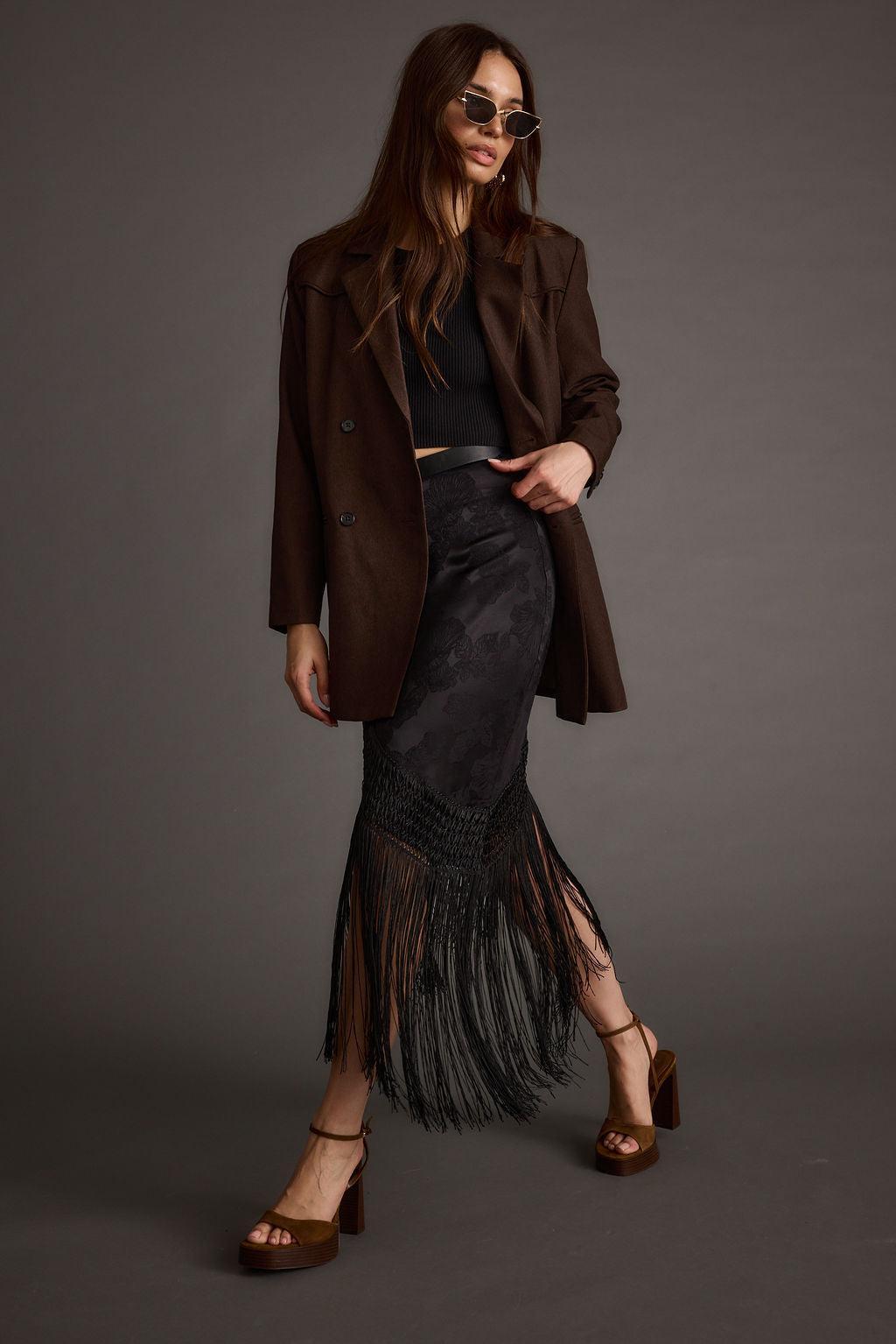 Frankie Black Satin Jacquard Fringe Midi Skirt Product Image