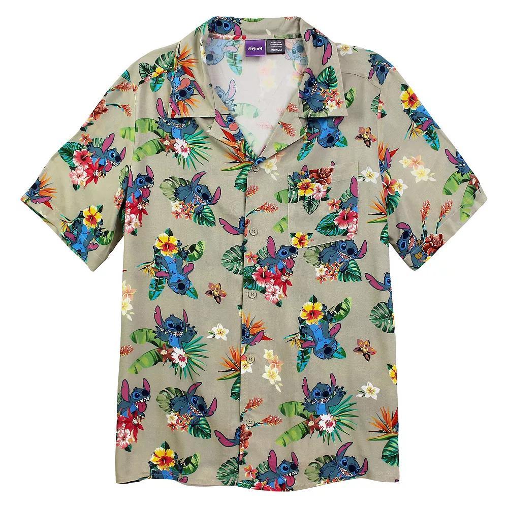 Disney's Lilo & Stitch Men's Happy Tropical Stitch Button Up, Size: Large, White Ice Product Image
