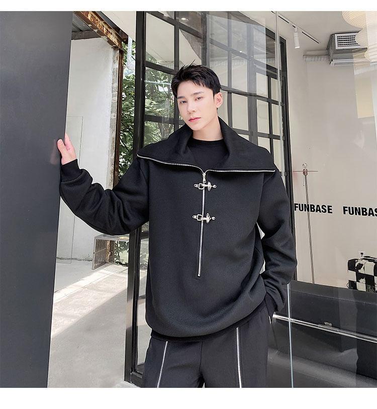 Stand Collar Plain Half Zip Buckle Sweatshirt Product Image