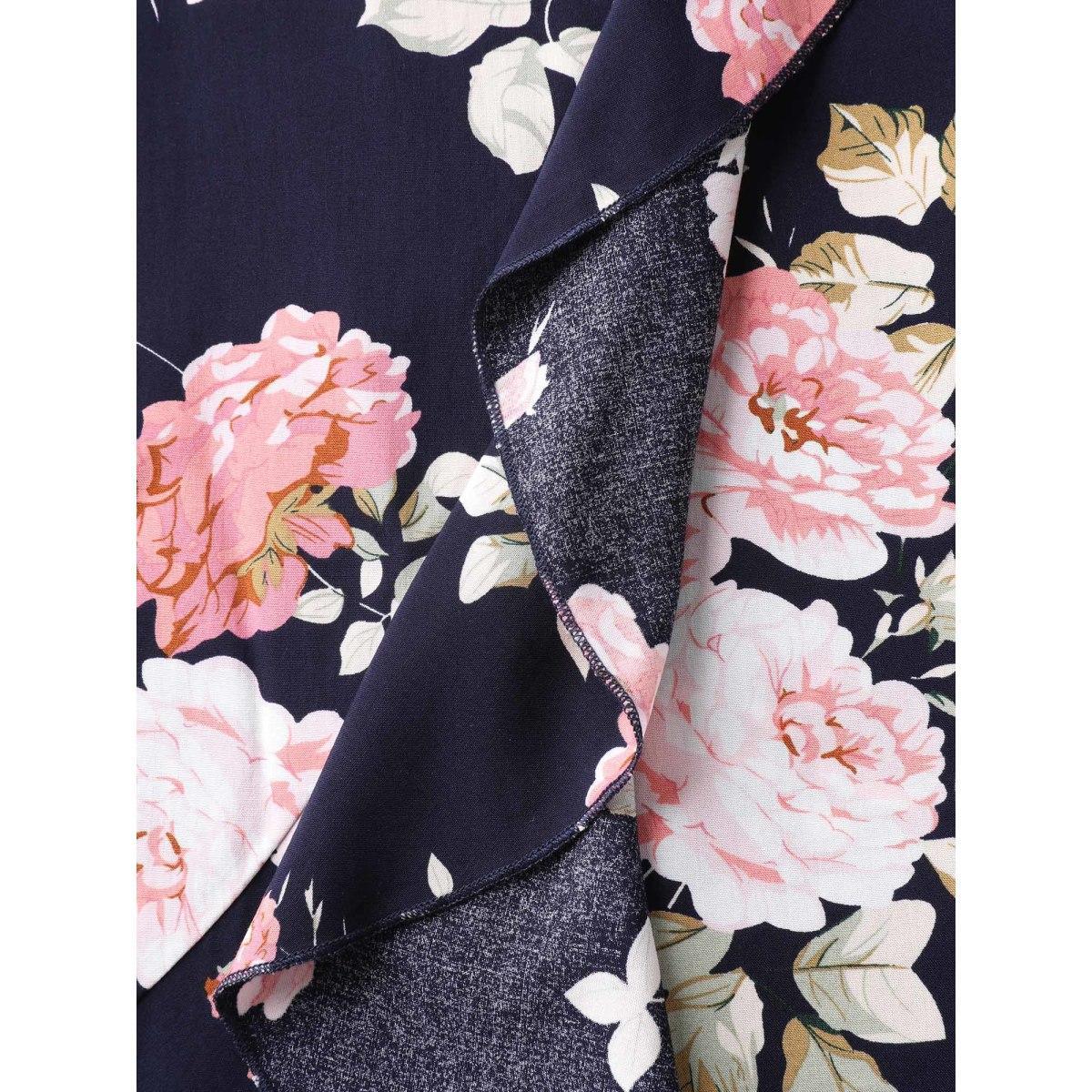 Plus Size Ruffled Neck Off-Shoulder Floral Midi Dress Navy Women Elegant Ruffles V-neck Short sleeve Curvy BloomChic 10/M Product Image