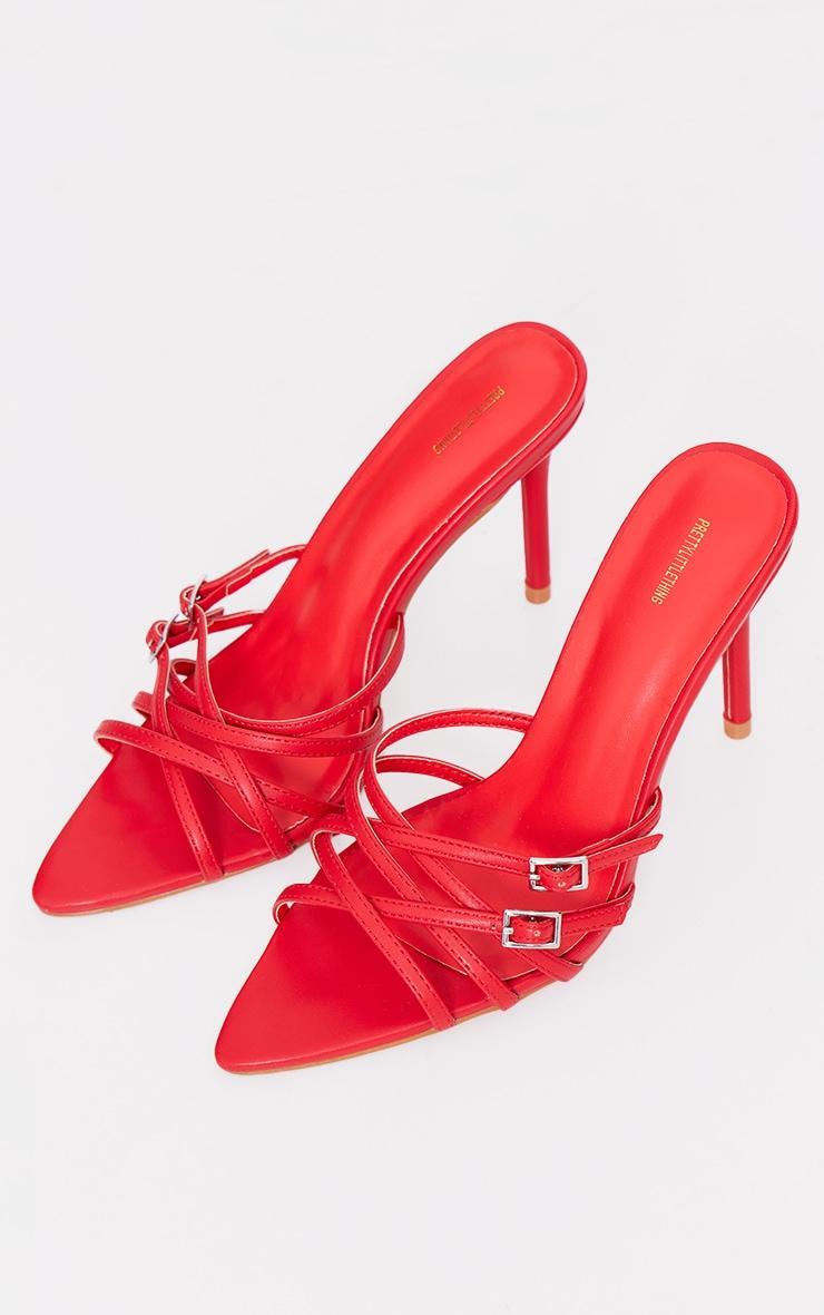 Red PU Wide Fit Point Toe Criss Cross Buckle Strap Heeled Mules Product Image