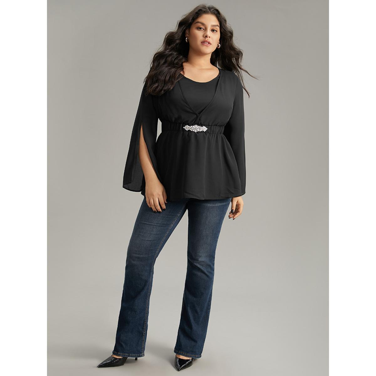 Plus Size Black Solid Chiffon Rhinestone Bell Sleeve Blouse Women Glamour Elbow-length sleeve V-neck Festival-Halloween Blouses BloomChic 14-16/1X Product Image