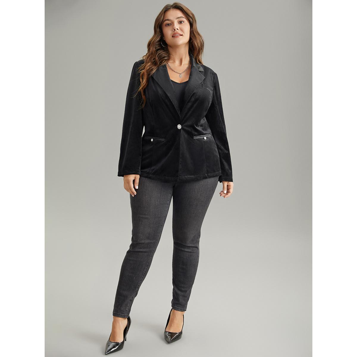 Plus Size Velvet Buckle Detail Pocket Suit Collar Blazer Black Women Dailywear Plain Plain Sleeve Long Sleeve Suit Collar 12/L Pocket Elegant Blazers BloomChic Product Image