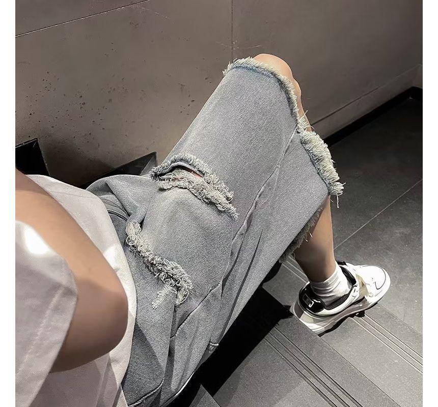 High Waist Distressed Straight Leg Denim Shorts Product Image