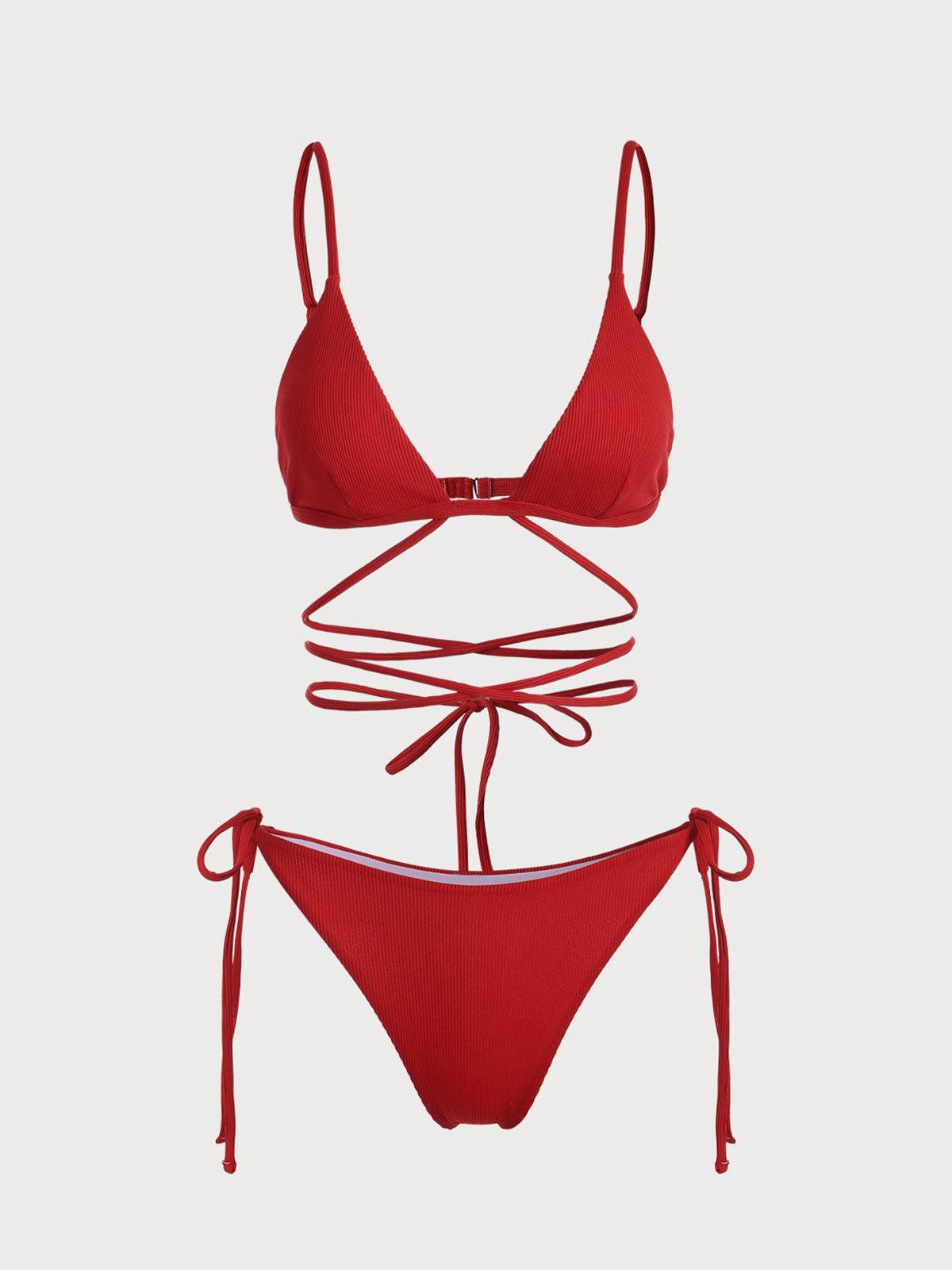 Red Criss-Cross Ribbed Bikini Set Product Image