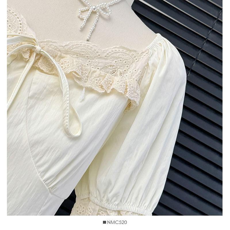 Lace-Trim Square-Neck A-Line Dress Product Image