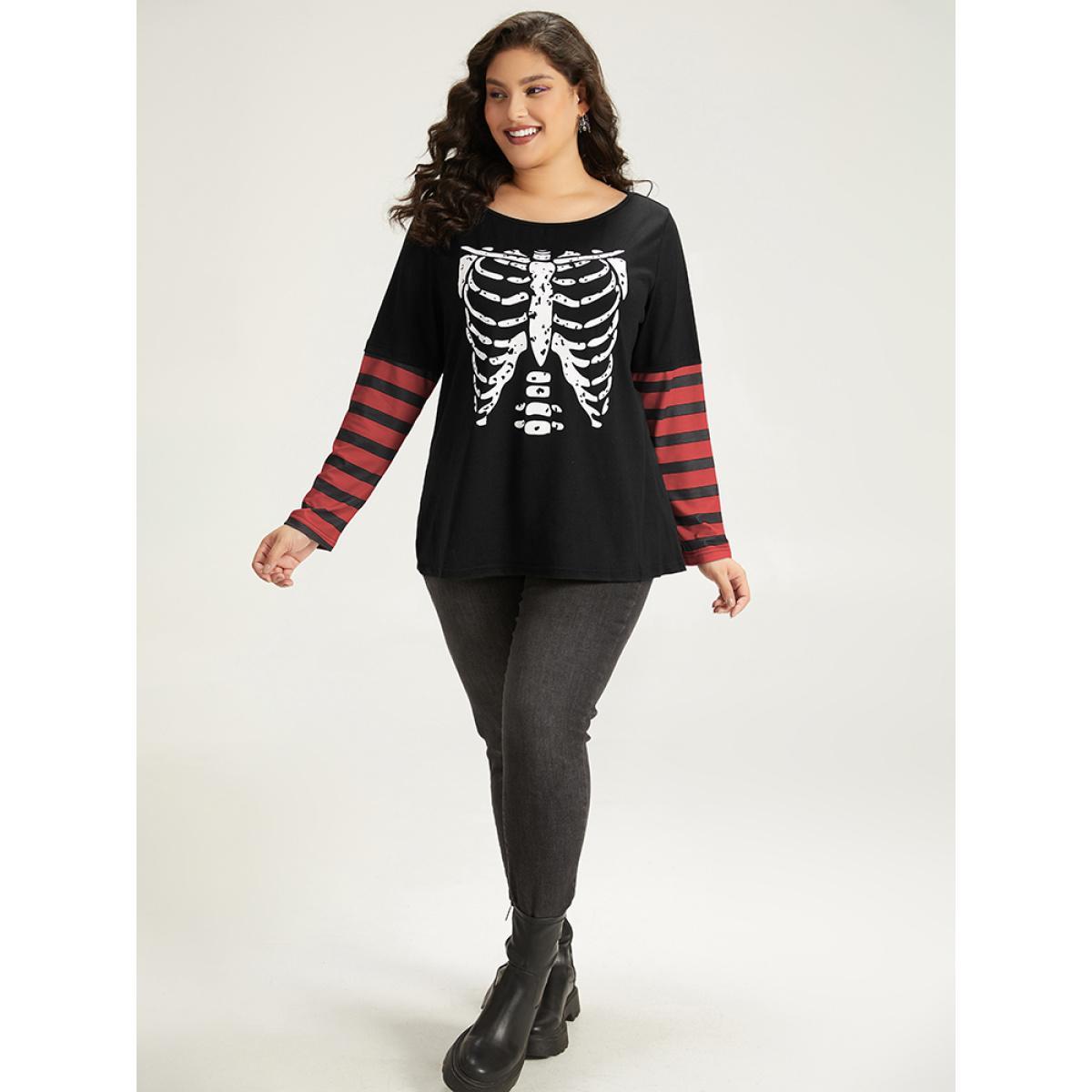 Plus Size Halloween Striped & Skull Print Patchwork T-shirt Red Women Casual Printed Halloween Festival-Halloween T-shirts BloomChic 26/4X Product Image