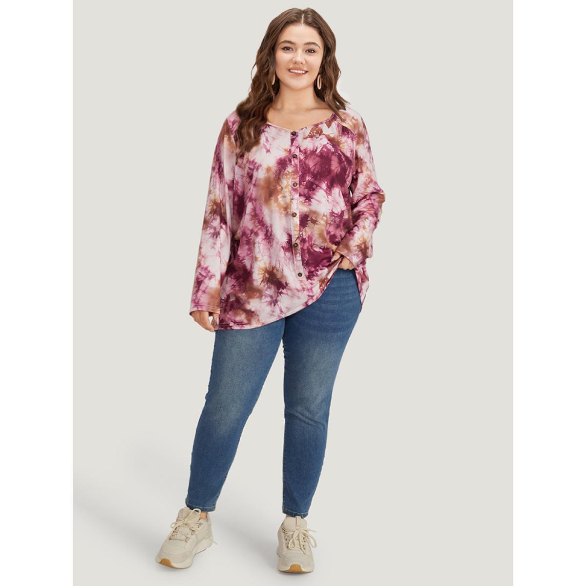 Plus Size Tie Dye Button Detail Round Neck T-shirt Multicolor Women Casual Tie Dye Tie Dye Round Neck Dailywear T-shirts BloomChic 14-16/1X Product Image
