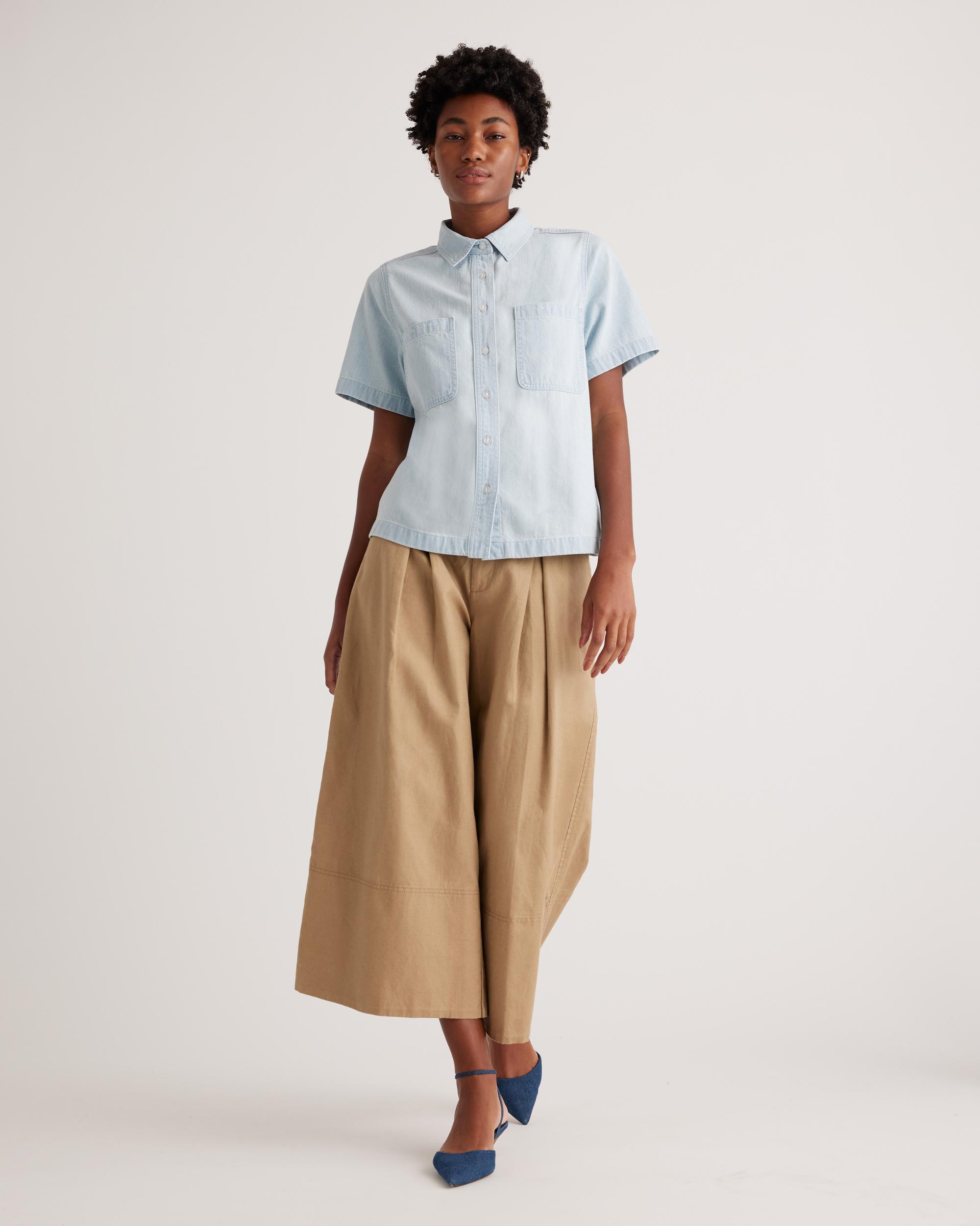 Quince | Women's Distressed Denim Short Sleeve Shirt Size XS, Cotton Product Image