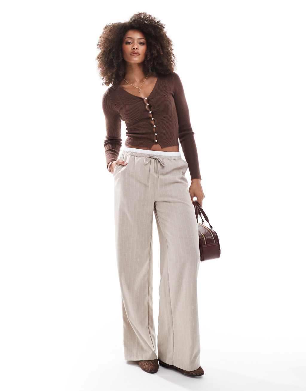 Miss Selfridge cozy knit ribbed V neck faux pearl button detail long sleeve top in chocolate Product Image