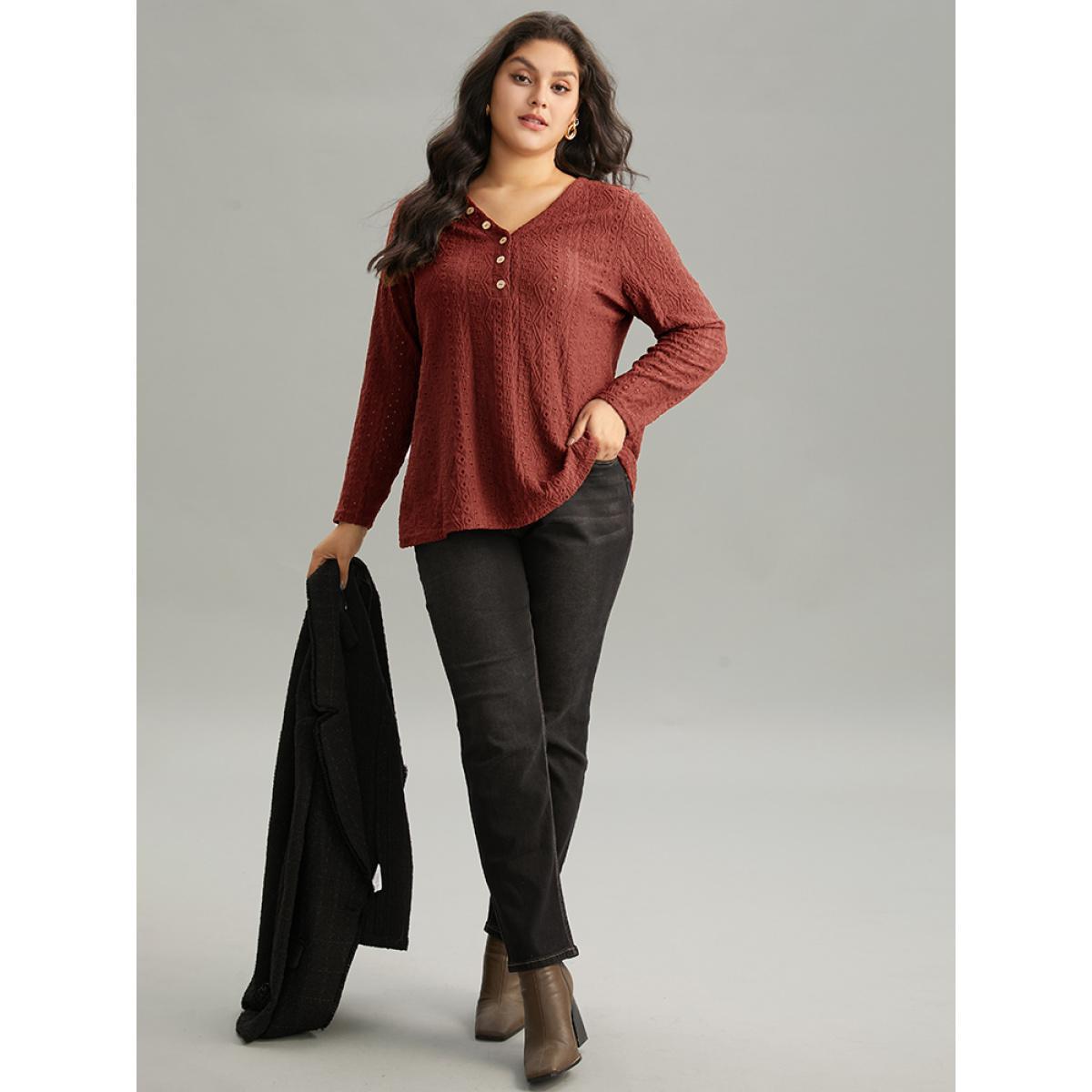 Plus Size Broderie Anglaise Button Detail Jacquard T-shirt Raspberry Women Elegant Texture Plain V-neck Dailywear T-shirts BloomChic 30/6X Product Image