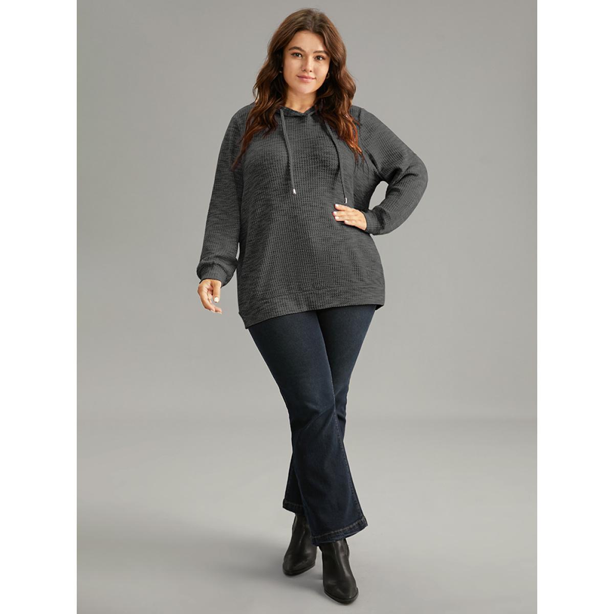 Plus Size Colour Waffle Knit Hooded Drawstring Sweatshirt Women DimGray Casual Waffle Knit Hooded Everyday Sweatshirts BloomChic 22-24/3X Product Image