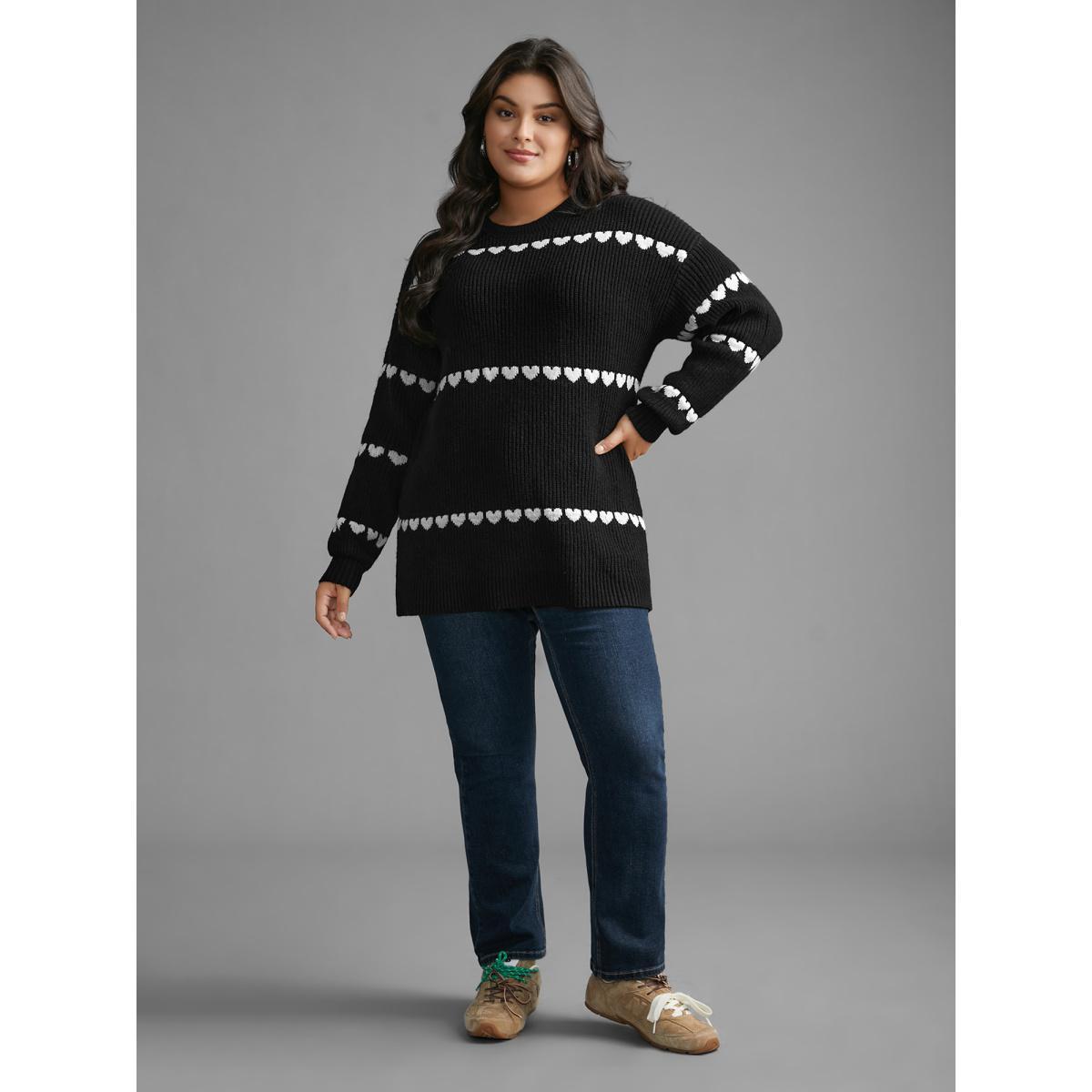 Plus Size Supersoft Essentials Heart Jacquard Pullover Black Women Casual Loose Long Sleeve Round Neck Everyday Pullovers BloomChic 26/4X Product Image