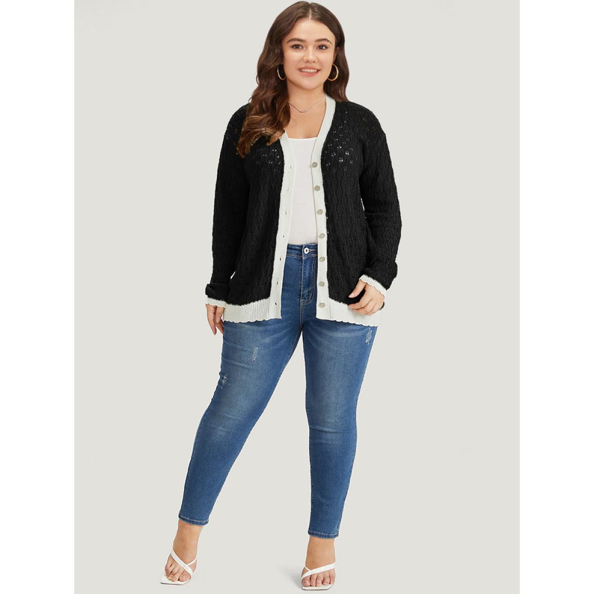 Plus Size Two Tone Patchwork Cut Out Button Down Cardigan Black Women Casual Loose Long Sleeve Work Cardigans BloomChic 22-24/3X Product Image